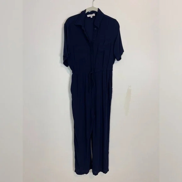 Thakoon Collective Navy blue Short Sleeve Jumpsuit SZ 2 viscose rayon drawstring - Picture 4 of 11